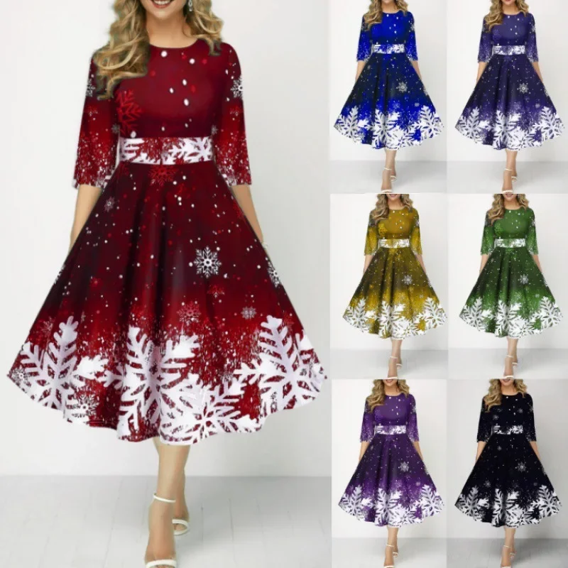 Estilo de natal roupas femininas novo outono inverno moda personalidade floco de neve impressão digital meados manga cintura cinching vestido