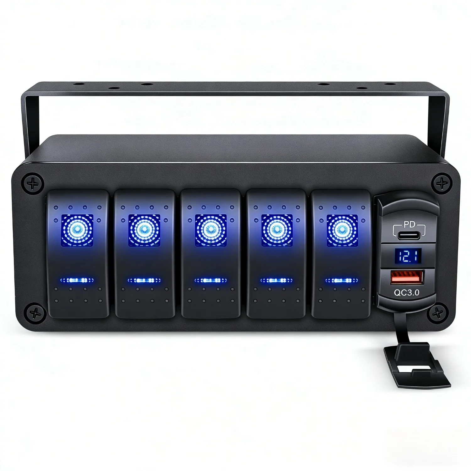 Waywe 5 Gang 12V SPST Rocker Switch Box - PD Type C/QC3.0 شاحن USB الفولتميتر لوحة ألومنيوم ملصقات صناعة يدوية للمركبات