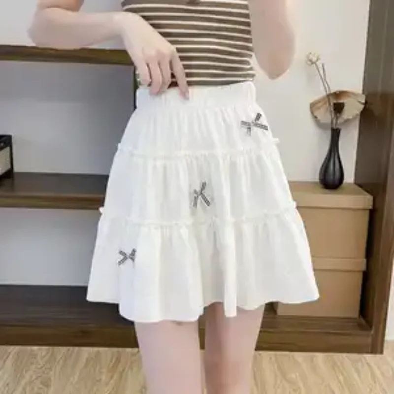 Women White Bow Tiered Mini Skirt High Waist A Line Cake Skirt For Petite Girls