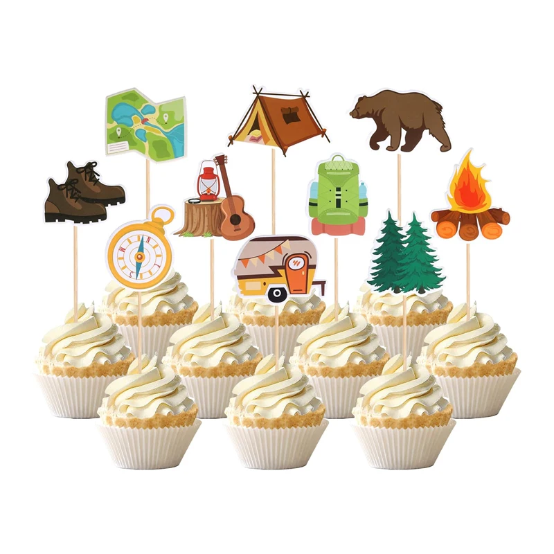 Happy Camping cupcake top decoration, outdoor camper Woodland Lumberjack theme birthday party supplies