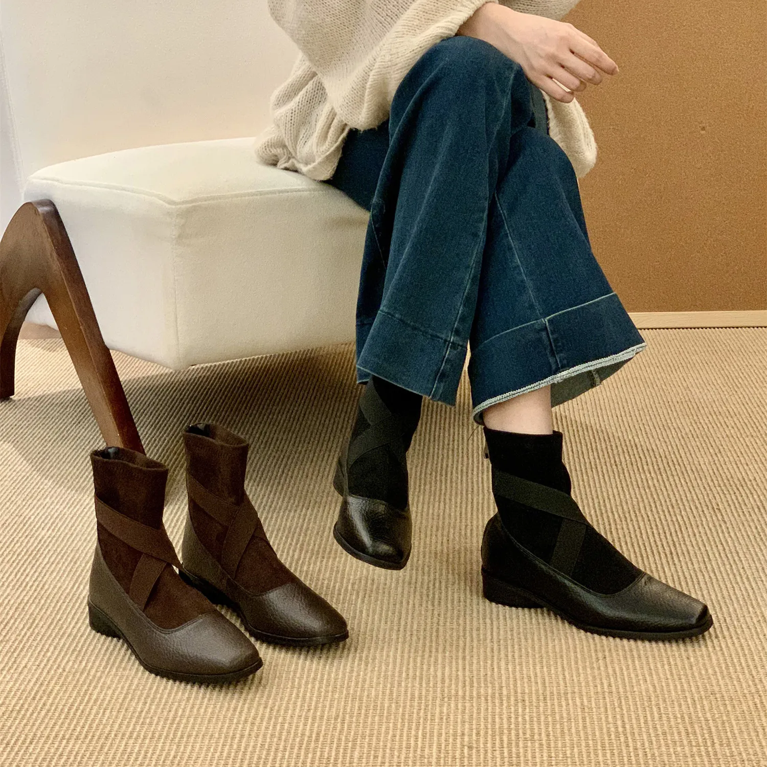 

Bailamos Дизайнерские женские ботильоны с квадратным носком Туфли на каблуке Зима 2025 Короткие ботинки «Челси» Элегантные модельные туфли-лодочки Ретро Mujer Snow