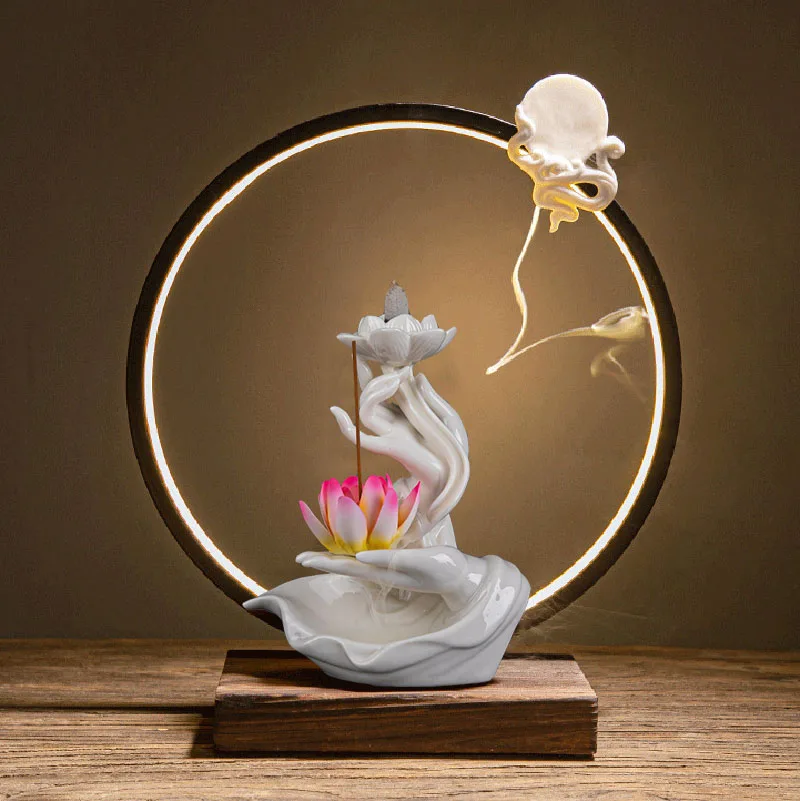 Chinese style Buddha\'s Hand Lotus LED Reflux Incense Burner Stand, Home Decoration Pure Handmade Lotus Fragrance Diffuser