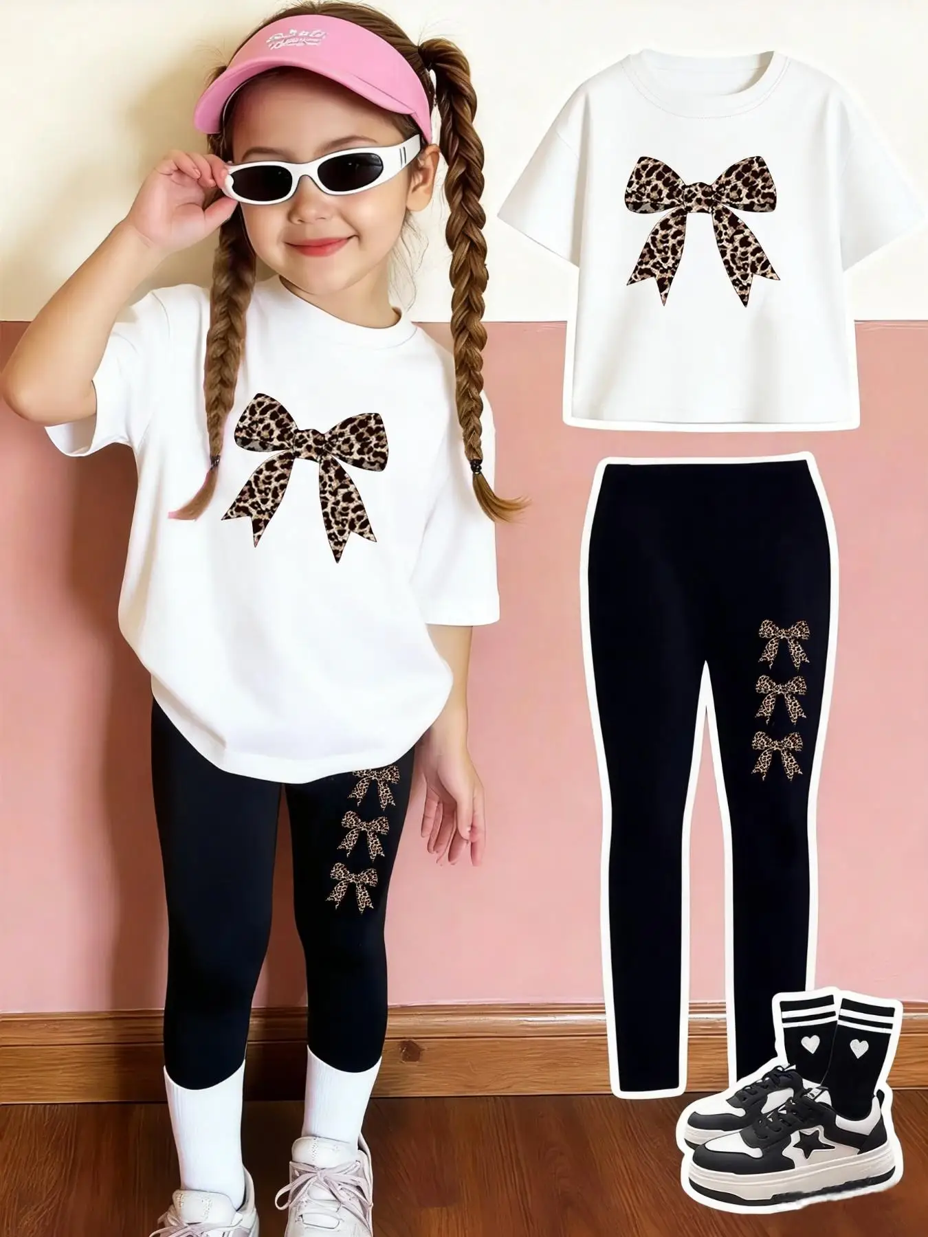 Leopard Print Bow Pattern Printed Set for Girls, Casual Short-Sleeve Top + Leggings 2-Piece Set, Comfortable Elastic Waist Pants Suitable for Girls Aged 4-12, for Going Out, Home, School, Spring and Summer Daily Wear