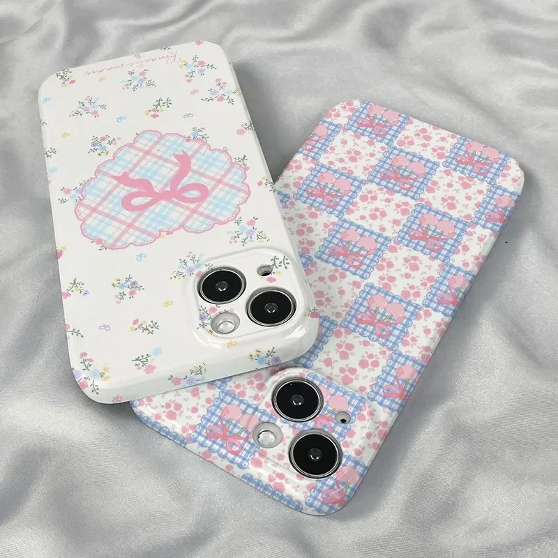 Ins Pink Purple Bow Flower  Case for IPHONE 16 PRO MAX 15 13 14PRO 11 12 13 Mini XR Acrylic Hard Mobile Phone Cases Back Covers