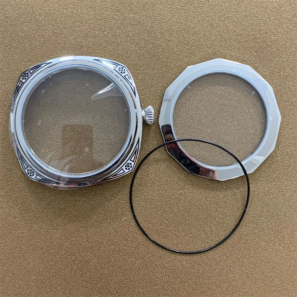 Caixa esculpida em aço inoxidável de 45mm, caixa de relógio polido com corda manual para movimento eta6497 eta6498 fit 36mm dial 26mm pulseira de banda