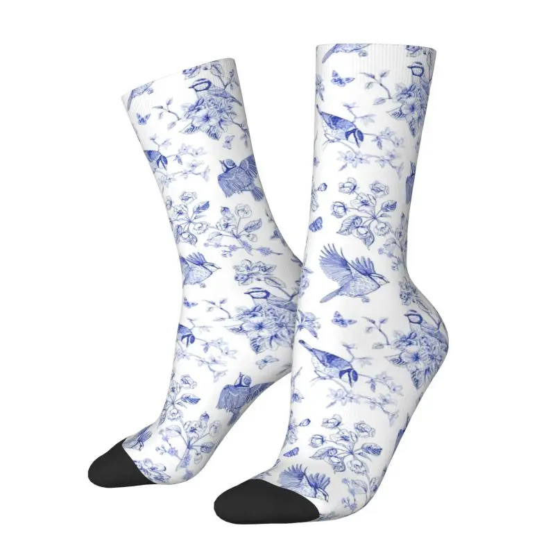 

Kawaii Print French Toile De Jouy Inspired Blue Bird Pattern Socks for Women Men Stretchy Summer Autumn Winter Crew Socks