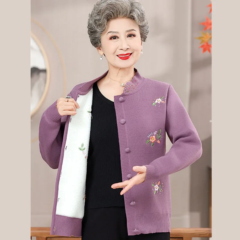 Cardigans For Woman New Casual Plus Velvet Middle Aged Mother Winter Sweater Coat Thicken Warm Printed Grandma Knitting Jacket