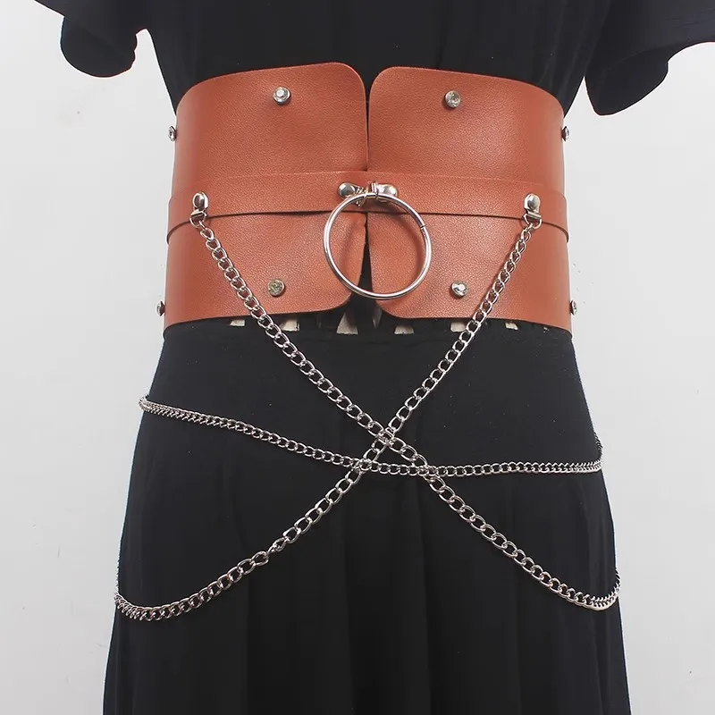 

Women's Fashion PU Leather Punk Hip Hop Chain Cummerbunds Female Dress Corsets Waistband Belts Decoration Wide Belt R406