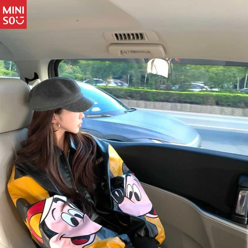 디즈니 미키 가죽 재킷, 컬러블록 노치 칼라 코트, 유니섹스 빈티지 아우터웨어