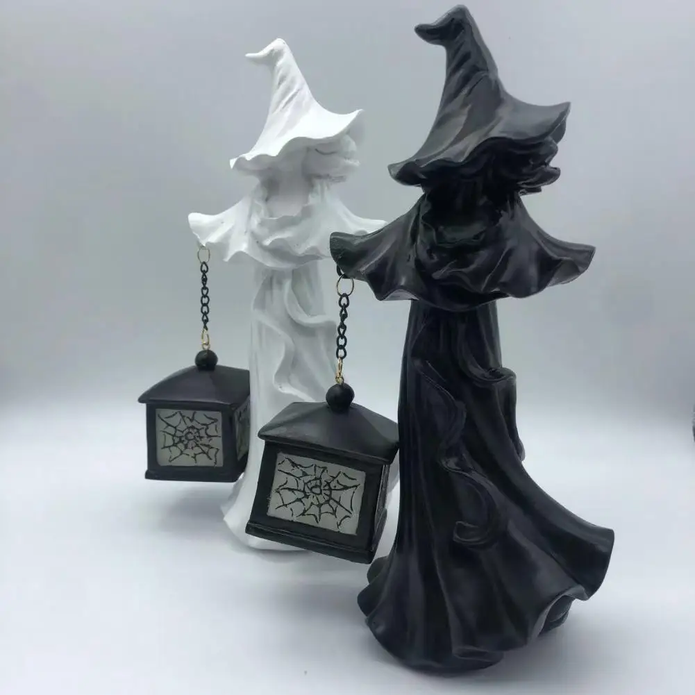 Hell Messenger Statue Spooky Halloween Witch Messenger Figurine with Lantern Black White Resin Statue for Indoor for Haunted