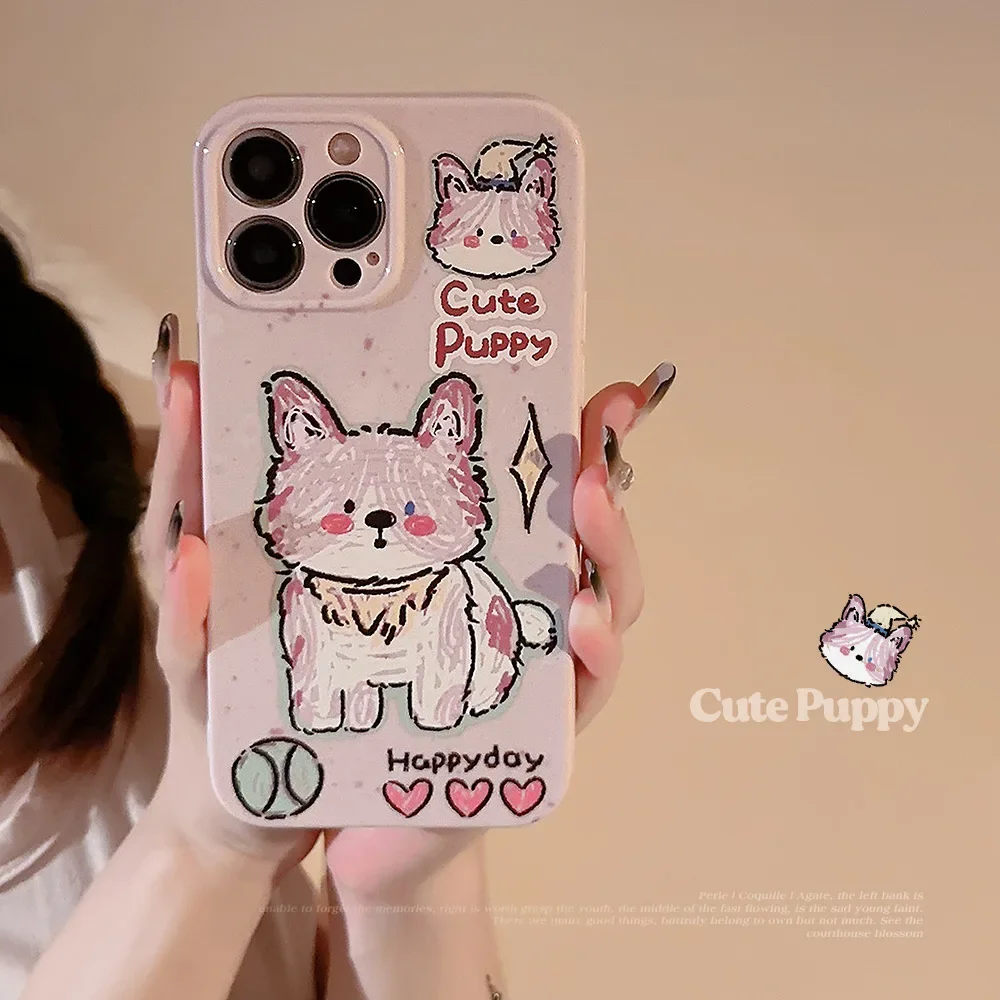 Cartoon Lovely Colorful Pencil Graffiti Puppy Phone Case for IPhone16 15 14 12 13 11 Pro ProMax Plus X XR Shockproof Phone Cover