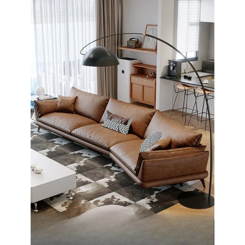 

Italian light luxury leather sofa living room home furniture modern simple first layer cowhide straight row brown sofa