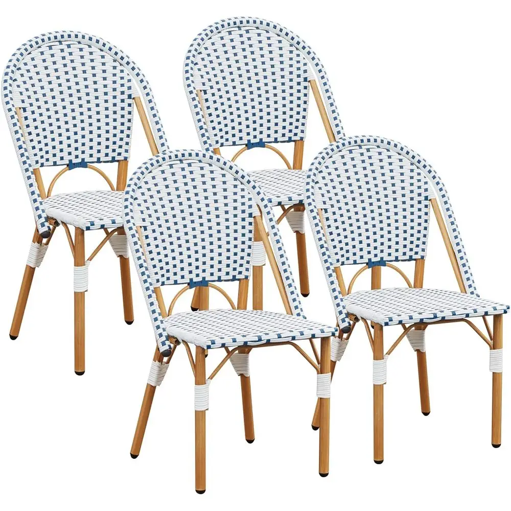 

Комплект из 4-х плетеных стульев для патио с сине-белым принтом, подходит для использования в помещении и на саду.