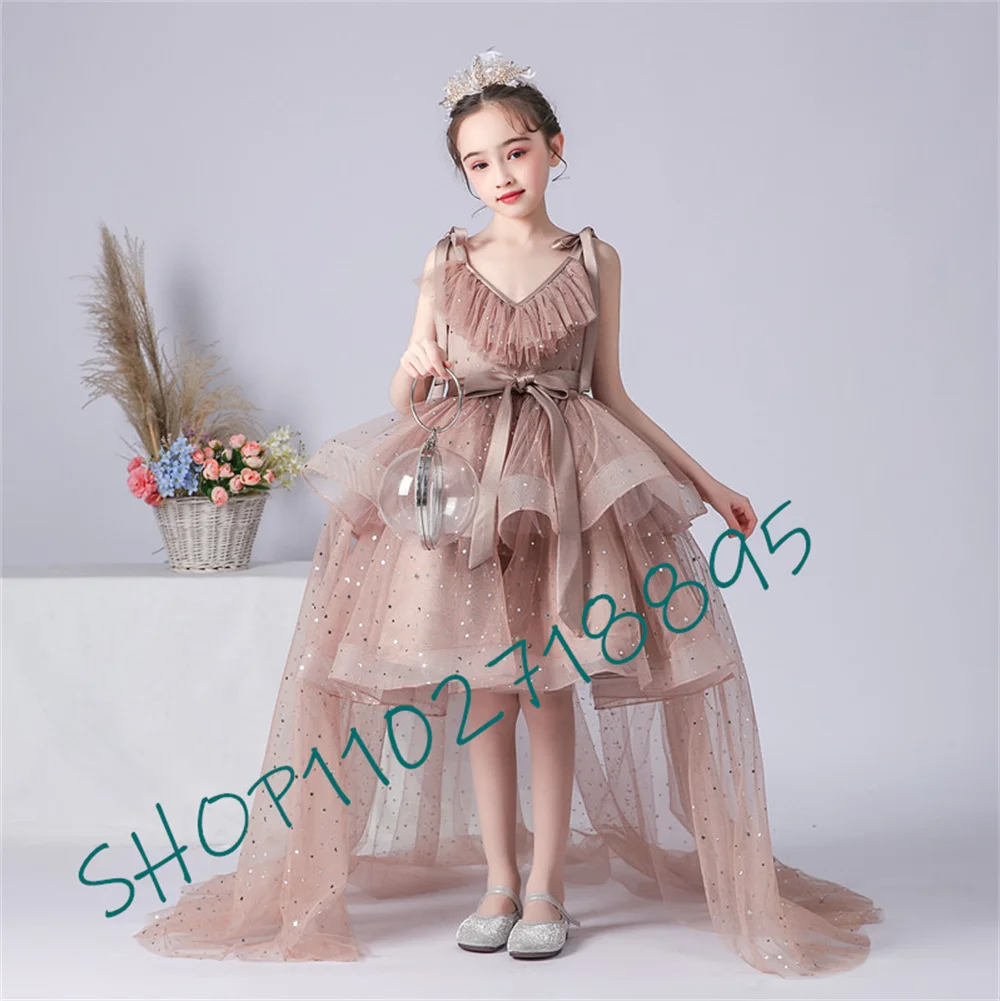 Luxury Flower Girl Dresses For Wedding Ruffles Tulle Detachable Train Kid Birthday Party Gown Formal Pageant Princess