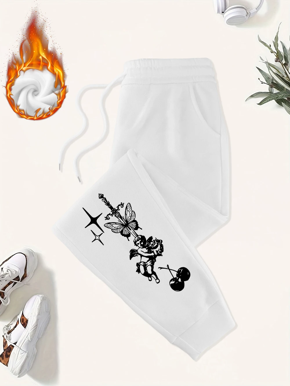 กางเกงวอร์มพิมพ์ลายคิวปิด แองเจิล บัตเตอร์ฟลาย ซอร์ด สำหรับผู้หญิง กางเกงจ็อกเกอร์พื้นฐาน มีกระเป๋า กางเกงฟลีซอุ่น กางเกงขายาวสำหรับฤดูใบไม้ร่วง ชุดกีฬาผู้หญิง