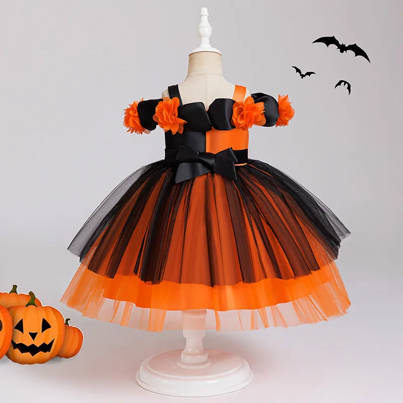 Halloween Dress Cosplay Witch Sleeveless Dress Orange Black Kids Halloween Long Dress New Design