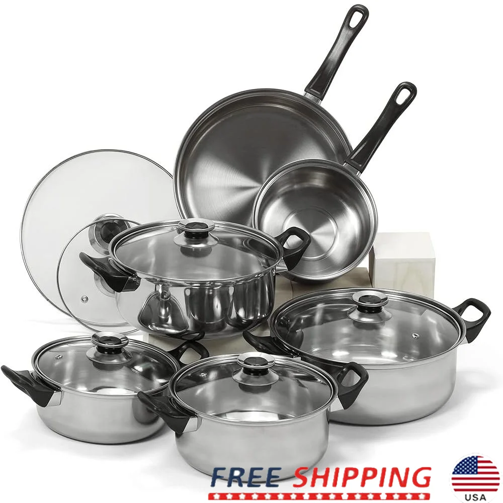 

12 Piece Cookware Set Mirror Finish Aluminum Base Heat Distribution Stainless Steel Cooking Surface Durable Glass Lids Riveted