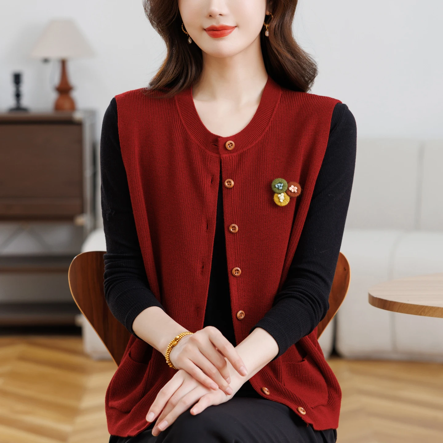 

Faionable round Ne Svel Woolen Knitted Open Cardigan Vest Mom Sle Versatile Trendy Outerwear for Middle-Aged And ...