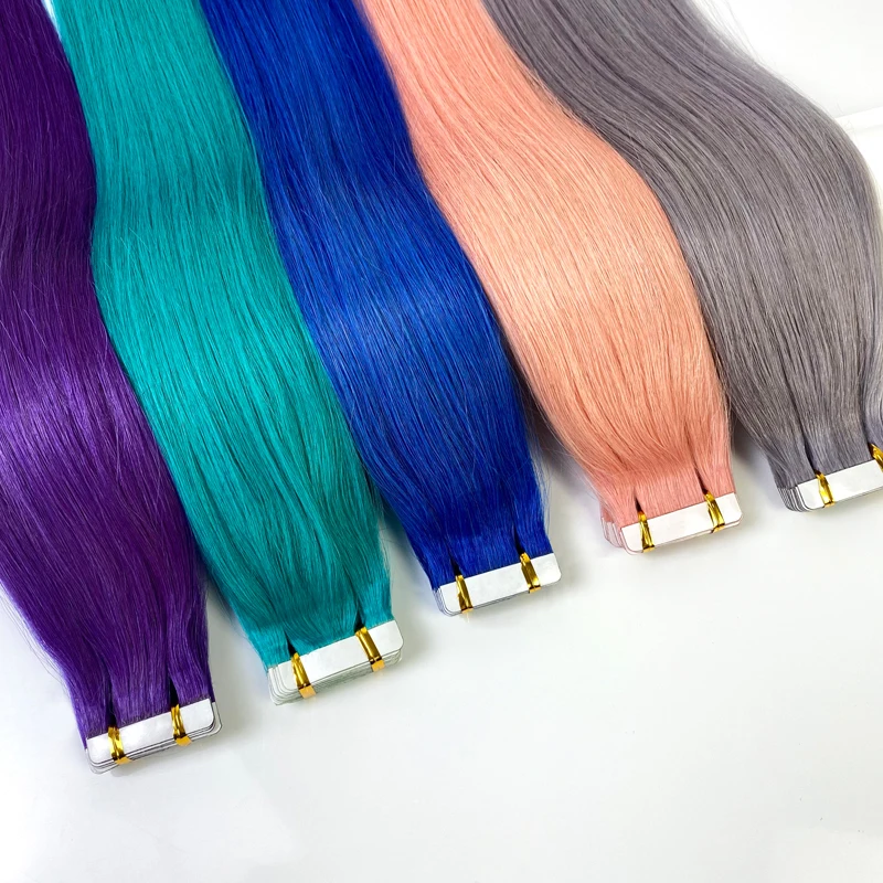 JSNME-Cinta de Color en extensiones de cabello humano para mujer, 100% realmente cinta de cabello en cabello Natural liso, Color azul y rosa para salón