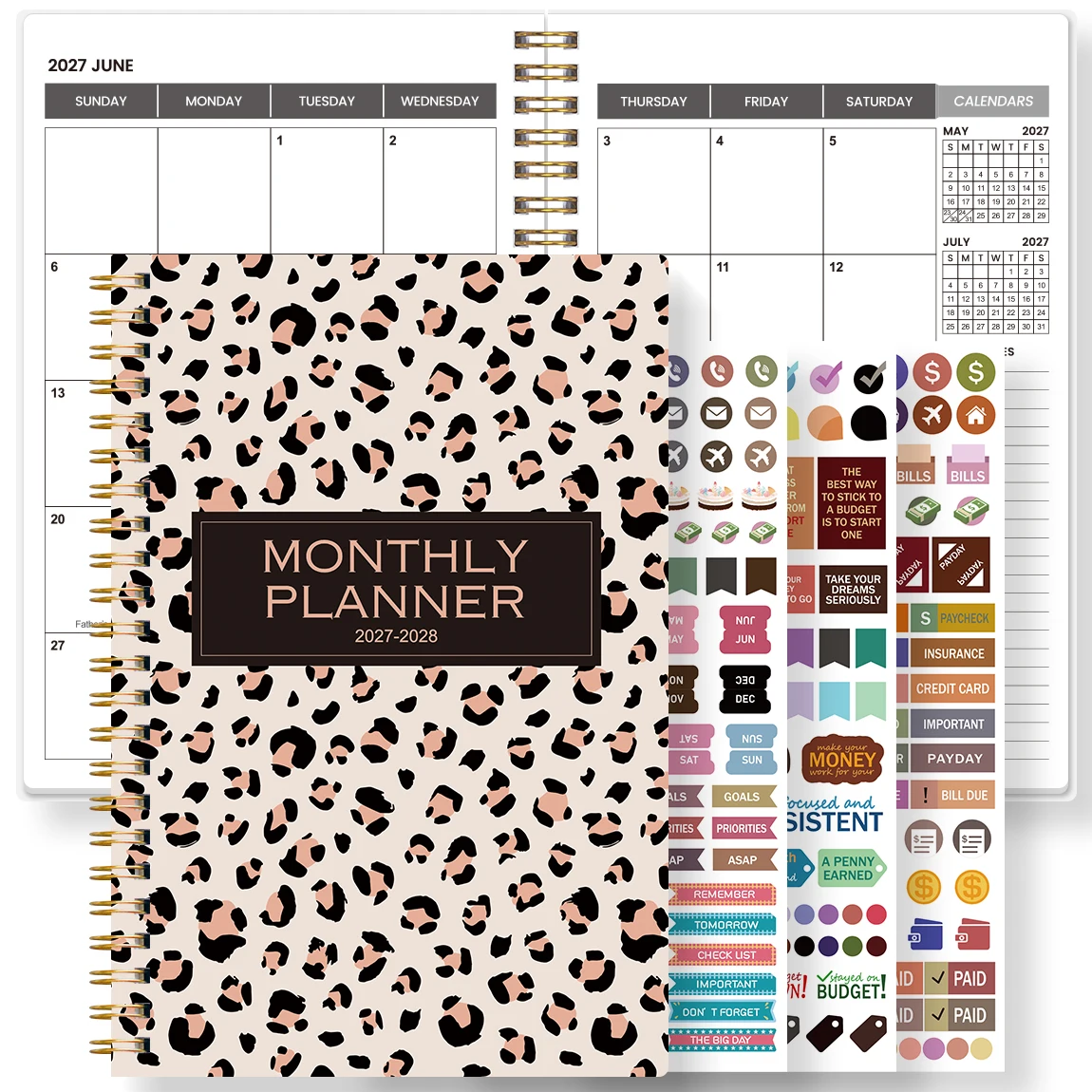1PC Monthly Planner Notebook 2027-2028, Leopard Spiral Calendar Notebook with Stickers for Work, Study & Daily Planning