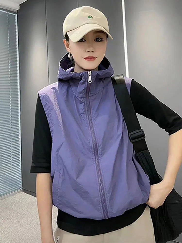 여름 새로운 캐주얼 후드 솔리드 컬러 슬리밍 유행 통기성 조끼 얇은 여름 태양 보호 겉옷 여성 자켓