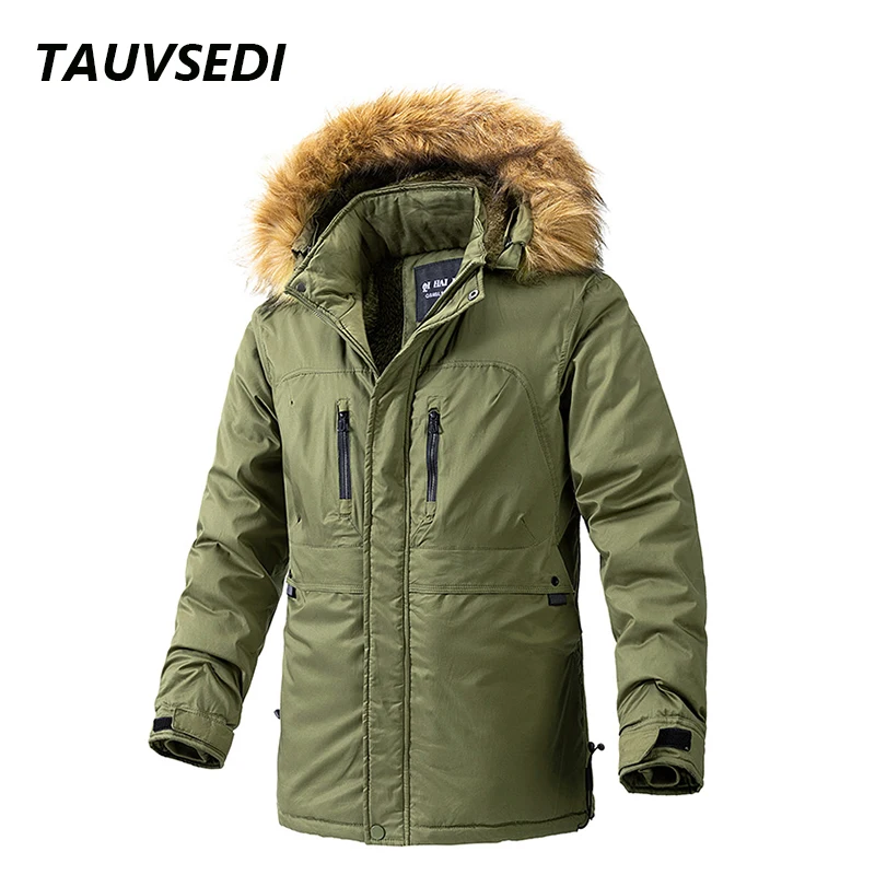 Men Warm Parkas Winter Fleece Thick Fur Collar Long Parka Jacket Mens Fashion Casual Windproof Detachable Hat Jackets Coat Male