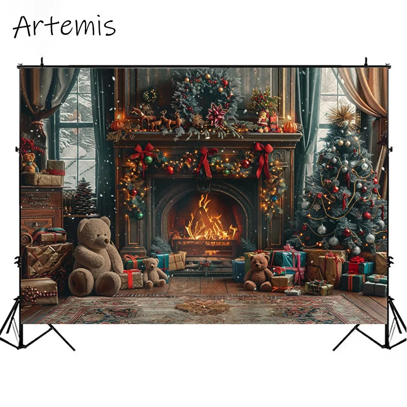 Christmas Fireplace Photography Backdrop Winter Xmas Tree Toy Bear Decor Family Portrait Photocall Prop Kids Birthday Background