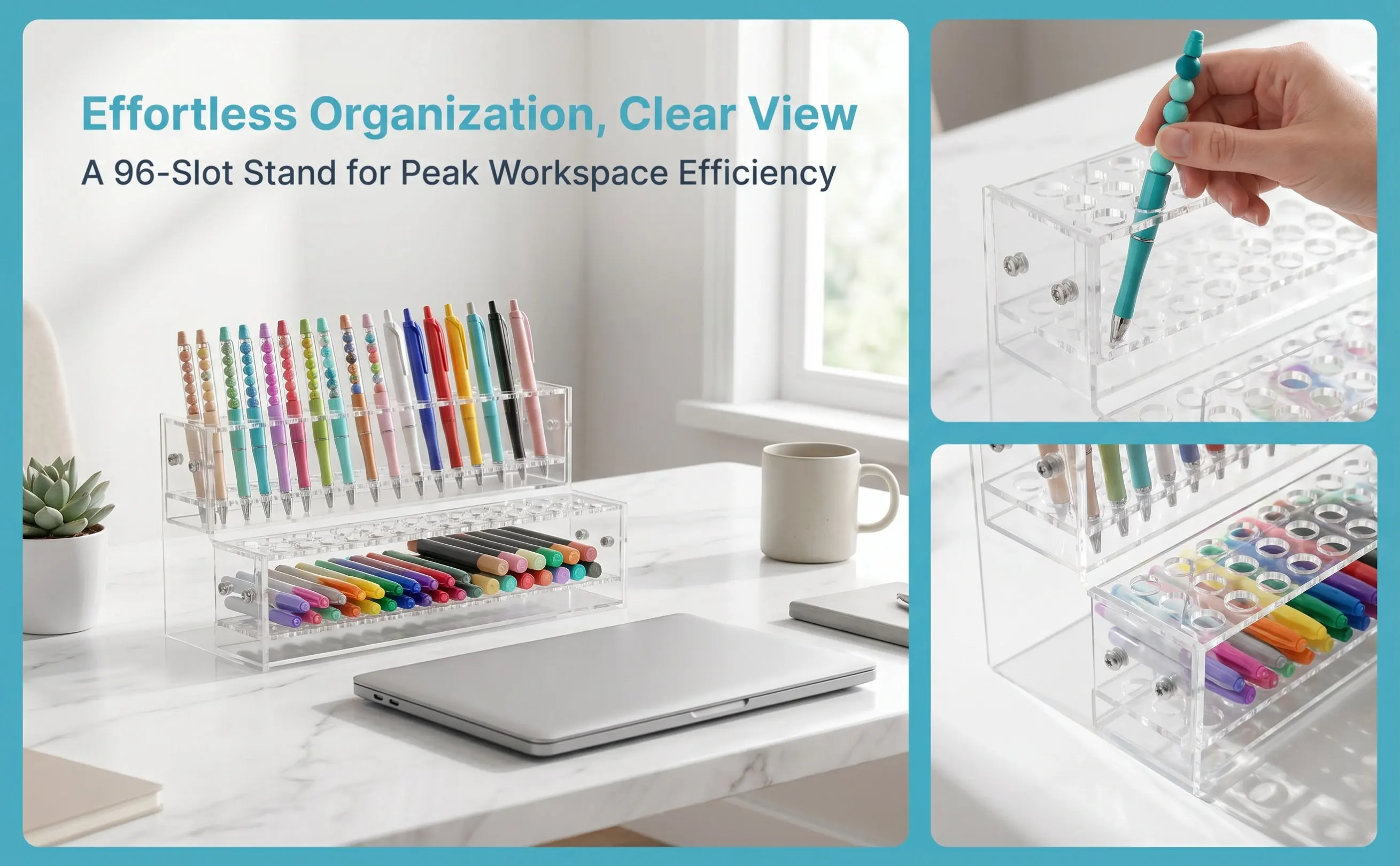 96 Slots Pen Display Holder Clear Acrylic Double Layer Pencil Organizer Stand for Desktop Office Studio Acrylic Pen Holder Stand
