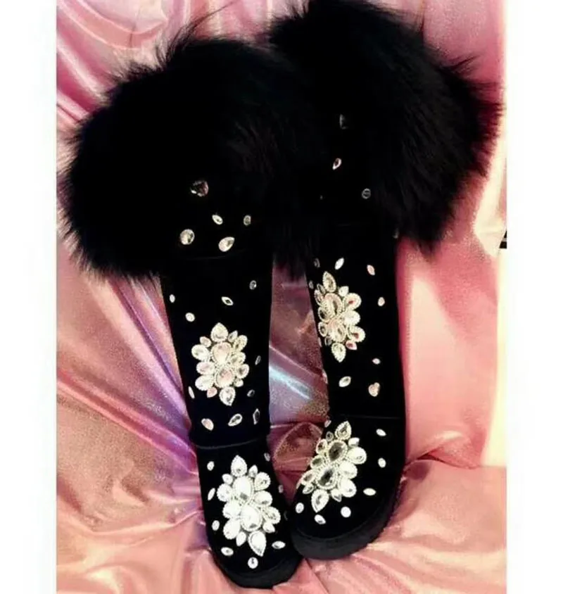 Glitter Colorful Diamond Crystal Fox Fur Wrapped Knee high Snow Boots Thick sole Fur inside Cow Suede Rhinestone Winter Boots