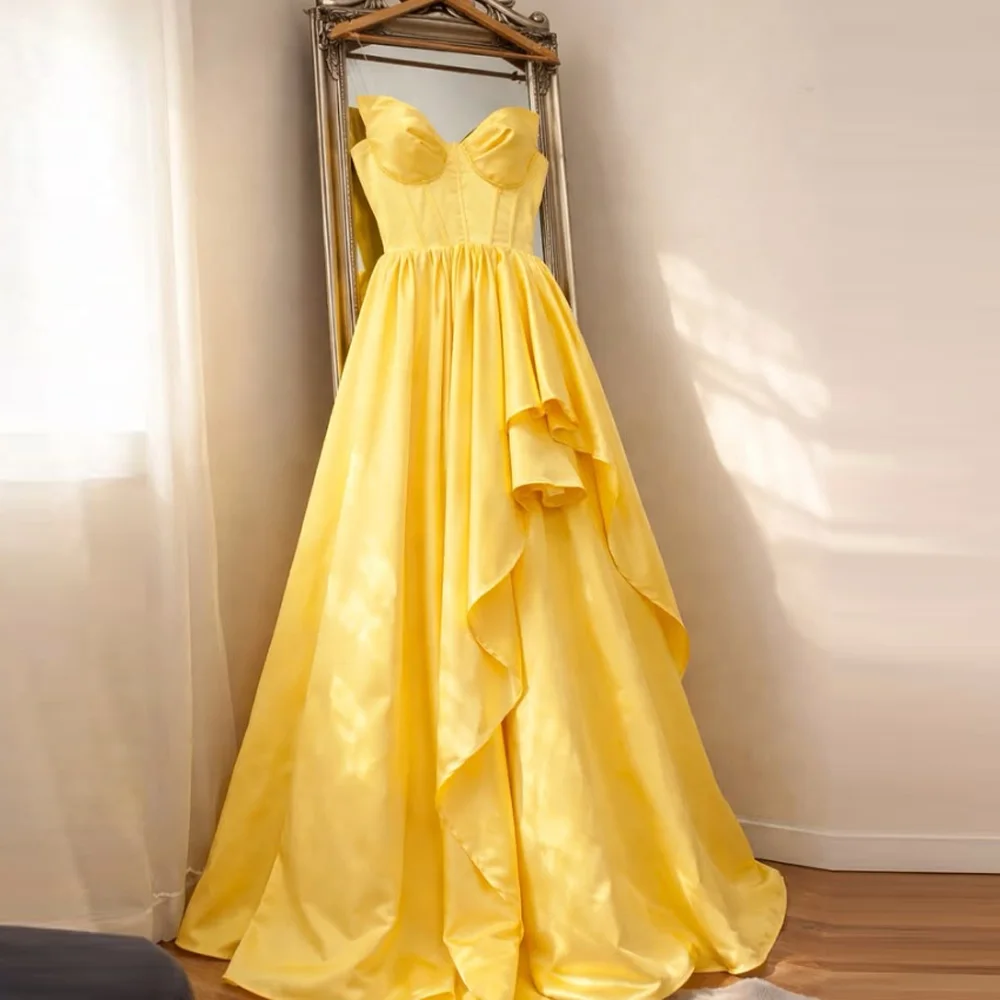 

Yellow A Line Satin Long Prom Dresses Customized Arabic Women's Evening Dress Special Occasion Wedding Engagement Gowns