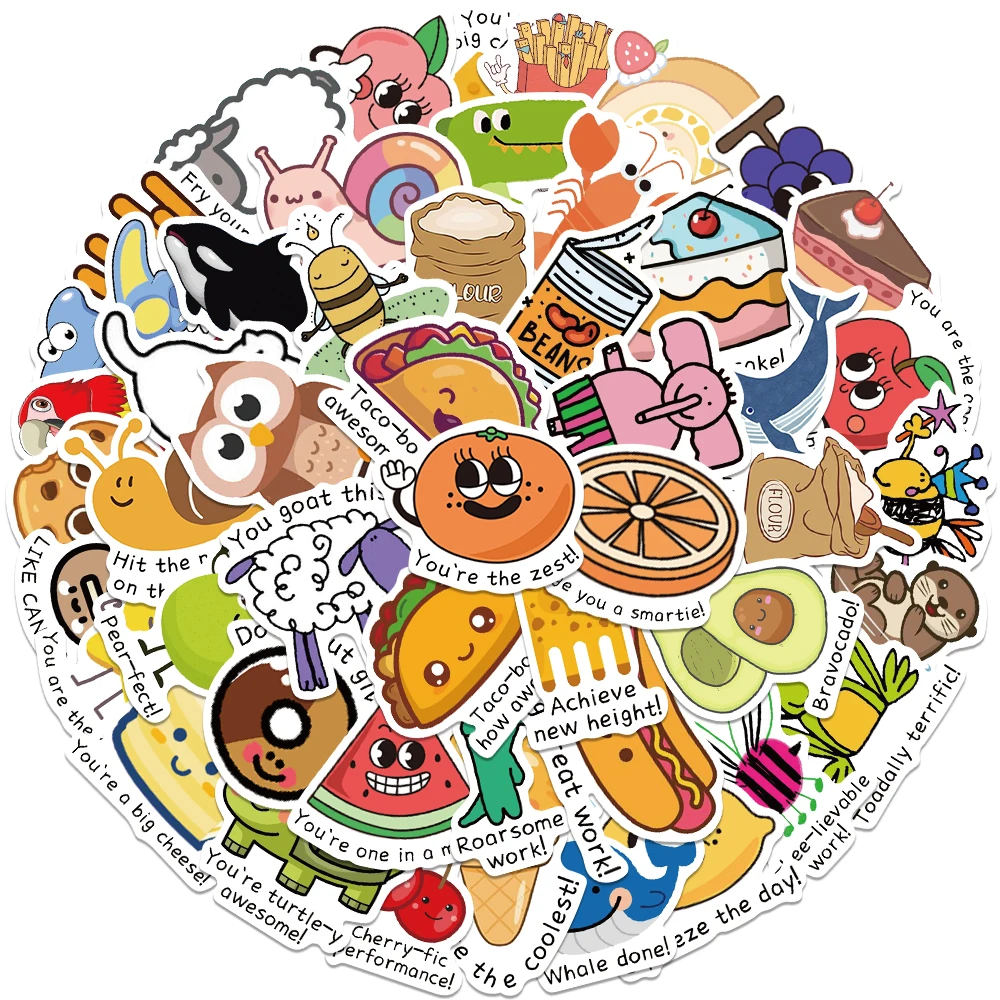 50pcs Funny Cartoon Food Animal Stickers For Kids Adults Student Reward Decals For Laptop Water Bottle Diary Vinyl Stickers