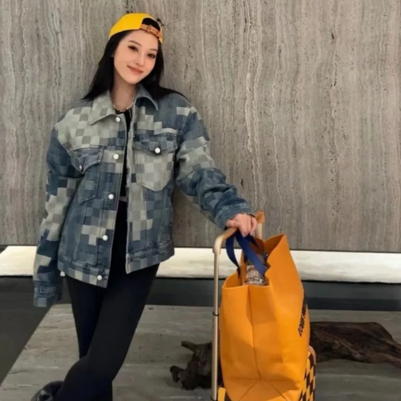 

Denim Jackets Women Autumn New Checkerboard Contrasting Colors Design Temperament Aesthetic Hipster Personality Prevalent Tops
