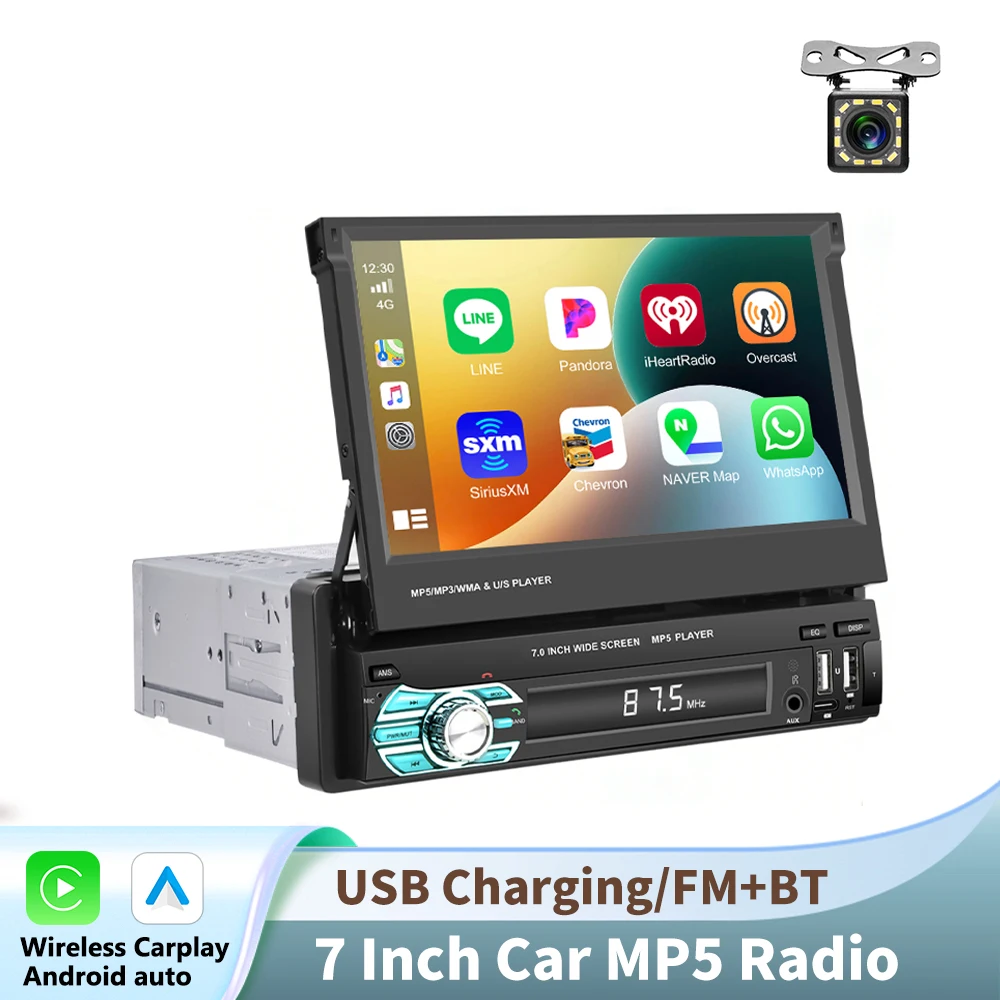Podofo 1Din 7 inch autoradio MP5 met automatisch intrekbaar scherm, multimedia speler, draadloze Carplay, Android Auto, FM, AUX-ingang, BT radio