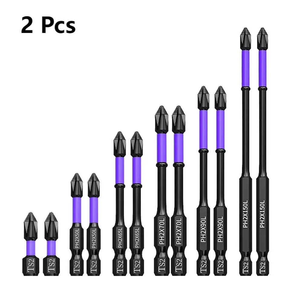 2PCS PH2 Magnetic Cross Screwdriver Batch Head 25-150mm 62HRC Non-Slip Alloy Steel Impact Drill Bits For Metal Woodworking