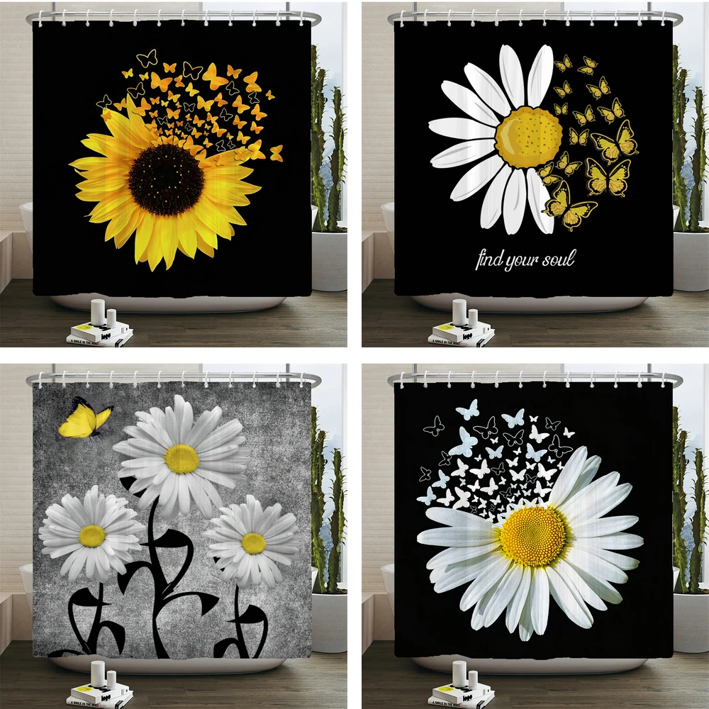 

Plant Sunflower Butterfly Flowers Shower Curtain Print Modern Nordic Minimalist Polyster Home Decor Bathroom Curtain with Hooks