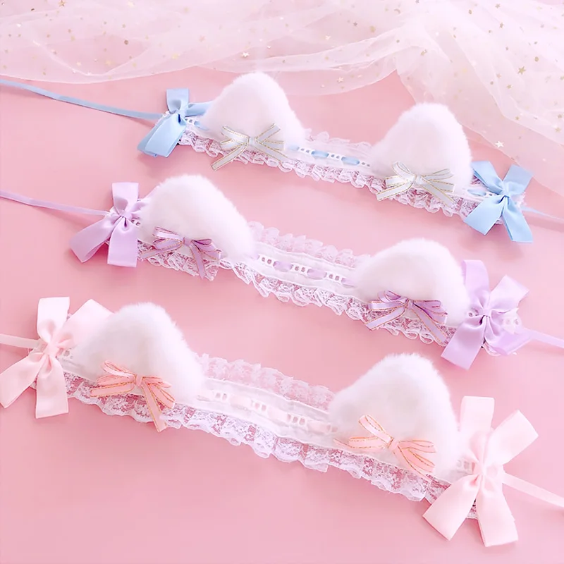 Lolita Katzenohren-Haarband für Frauen, süße Spitze, Haarnadel, Kopfschmuck, Cosplay, Anime-Stirnbänder, Plüsch-Kunstfell-Ohren, Band, Schleife, Haarreifen – Detail 6