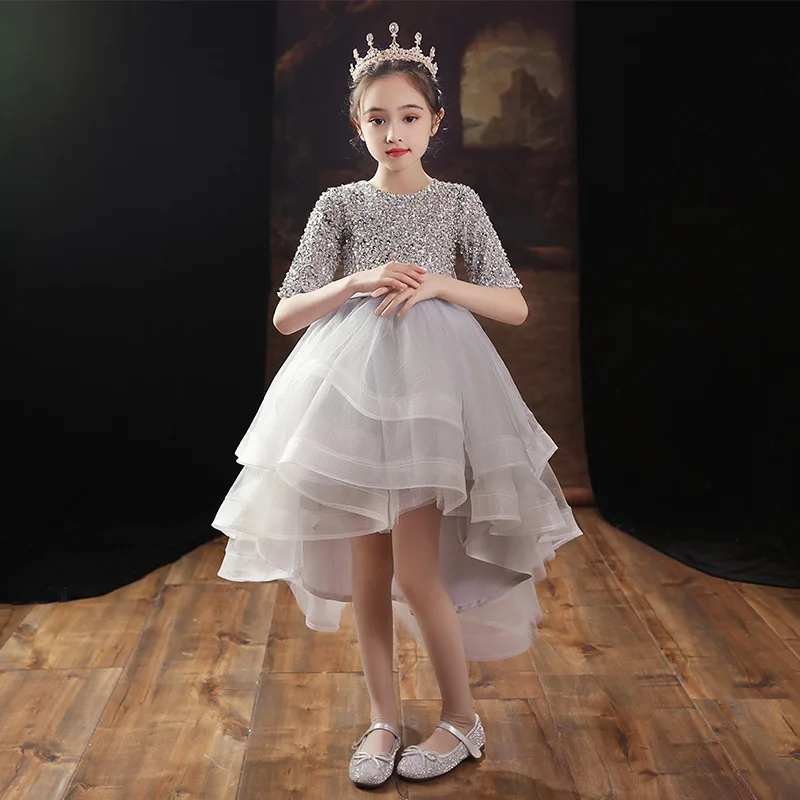 Girls Elegant Luxury Sequin Dress Teen Girls 12 Years Off Shoudler Party Gown Little Kids Tulle Formal Cocktail Dresses High Low