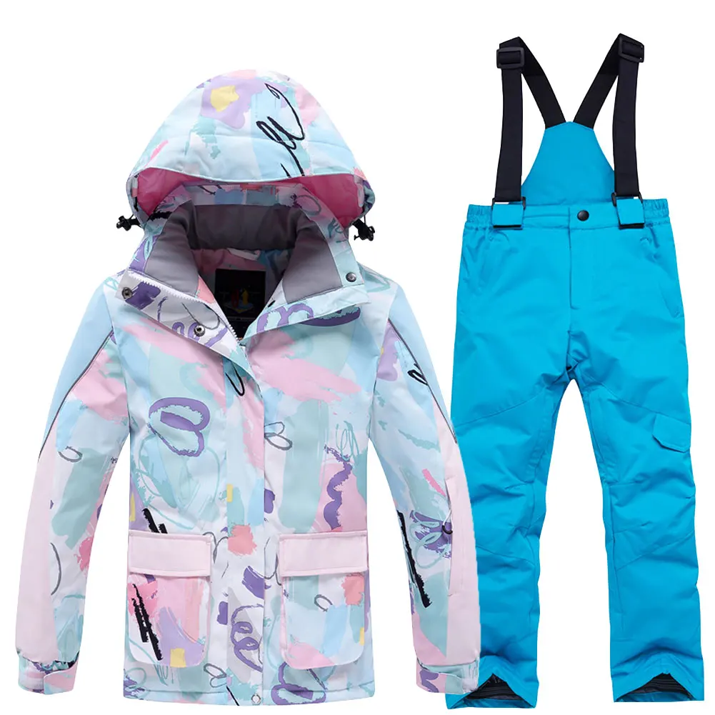 

Fashion Printed Skiing Jacket + Bib Pants Children's Snowsuits 2-Piece Boys Girls Hooded Winter Warm Windproof Snowboarding Wear