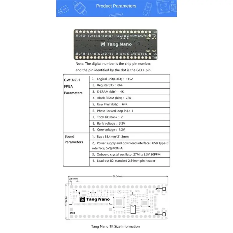 DT82-1Pcs Nano Minimalist FPGA Development Board Straight Insert Breadboard Nano 1K Development Board