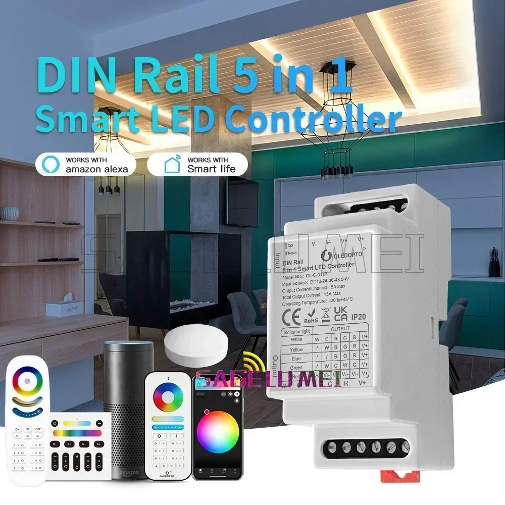 Gledopto DC12-54V GL-C-011P Zigbee 3.0 Din Rail 5in1 RGBCCT/RGBW/RGB/WWCW CCT/Dimmer LED Strip Controller Alexa Tuya Zigbee