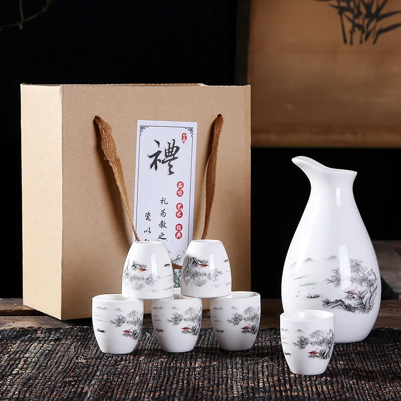 Ceramic Wine Set Liquor Spirit Pot 6 Cups Japanese Sake Pot Bar Set in Gift Box