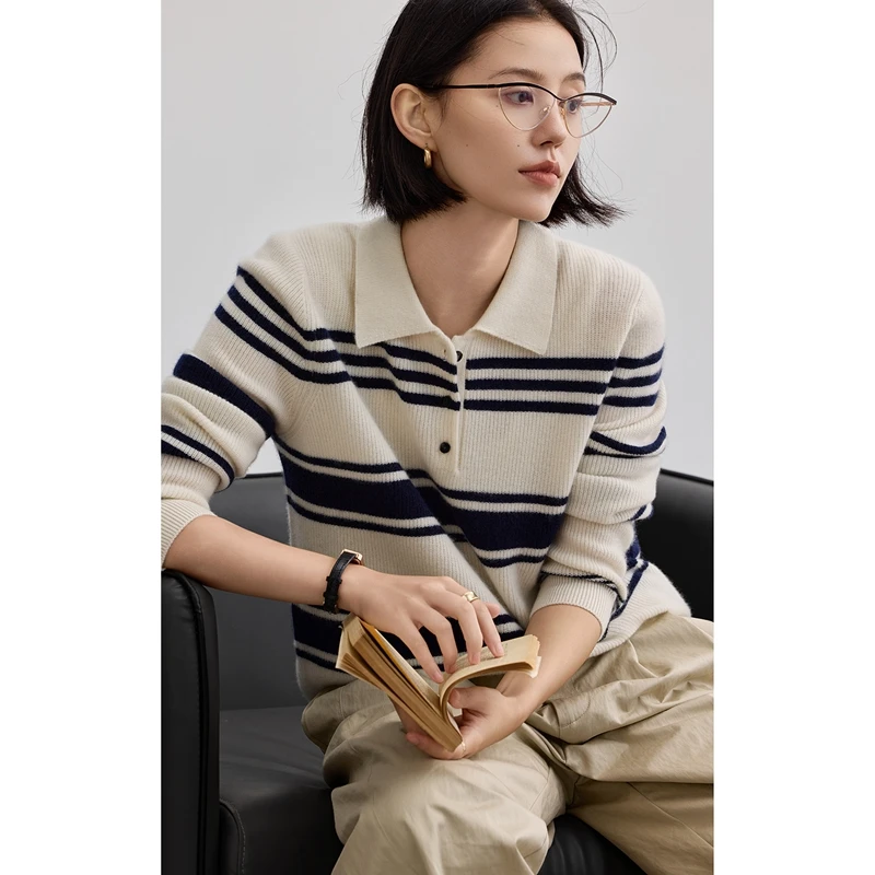 秋冬レディース100％カシミヤセーターポロカラーレトロストライプパーカーソフト快適暖かい高級カシミヤニット服