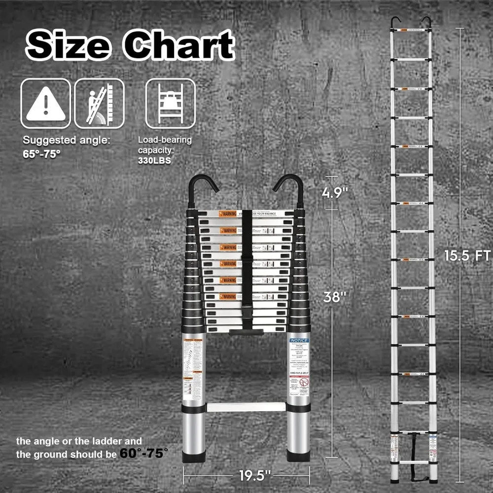 Aluminum Lightweight Telescoping Ladder 15.5 Feet with Hook, 2 Triangle Stabilizers, Max Load 330lbs, Heavy Duty Extension Ladde