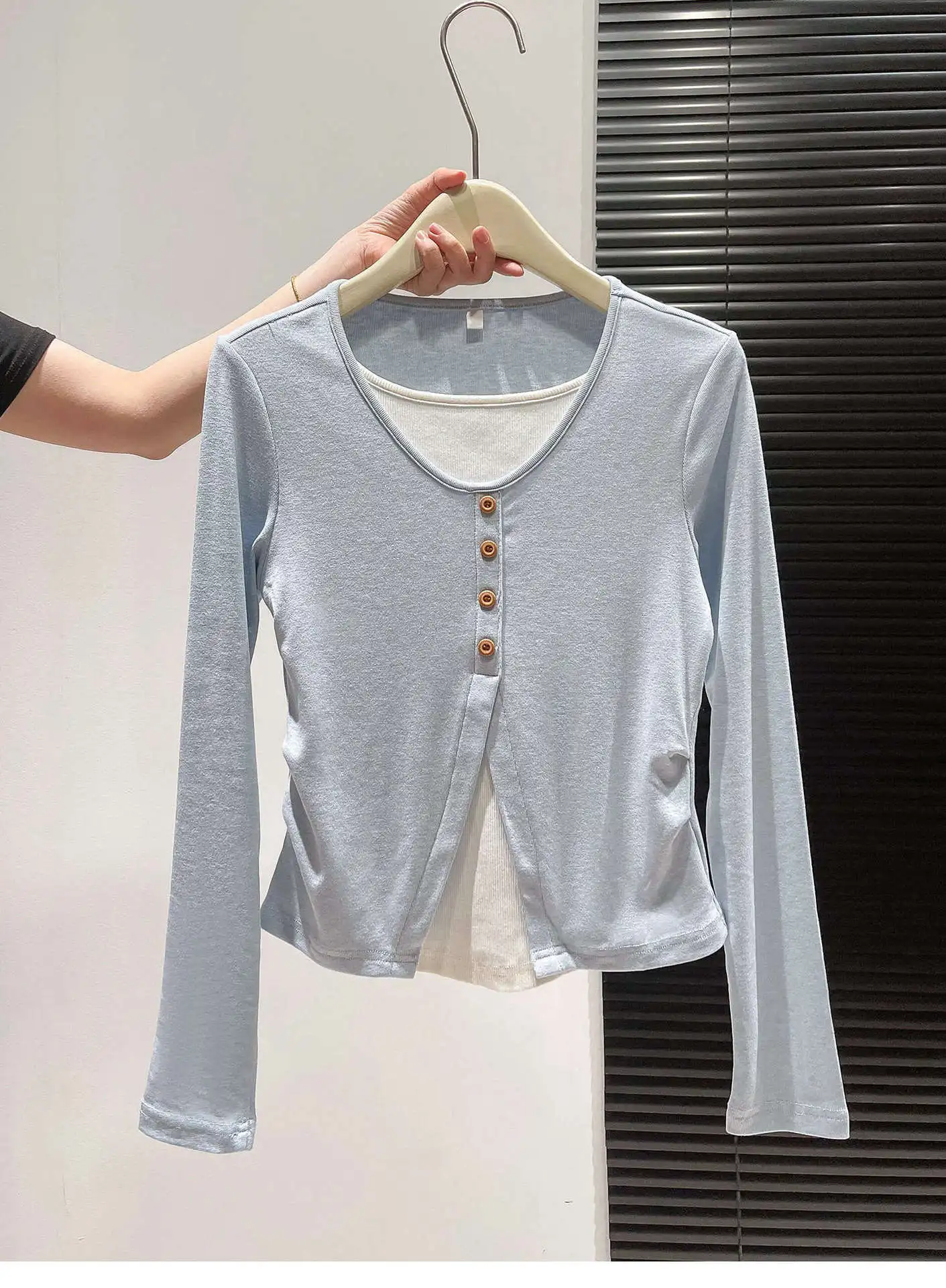 Autumn Spring Women's Solid  Length Sleeve T-Shirt Young Girls Students Simple Top S-XL Ladies Bottom Underwear Fashion Blue