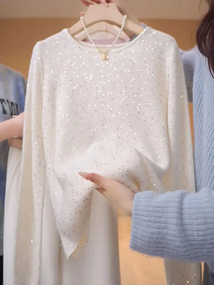 패셔너블한 캐주얼 롱 스웨터 라운드 넥 니트 스웨터 반짝이는 레이지 스타일 봄 가을 착용 편안한 스트레이트 핏 K...