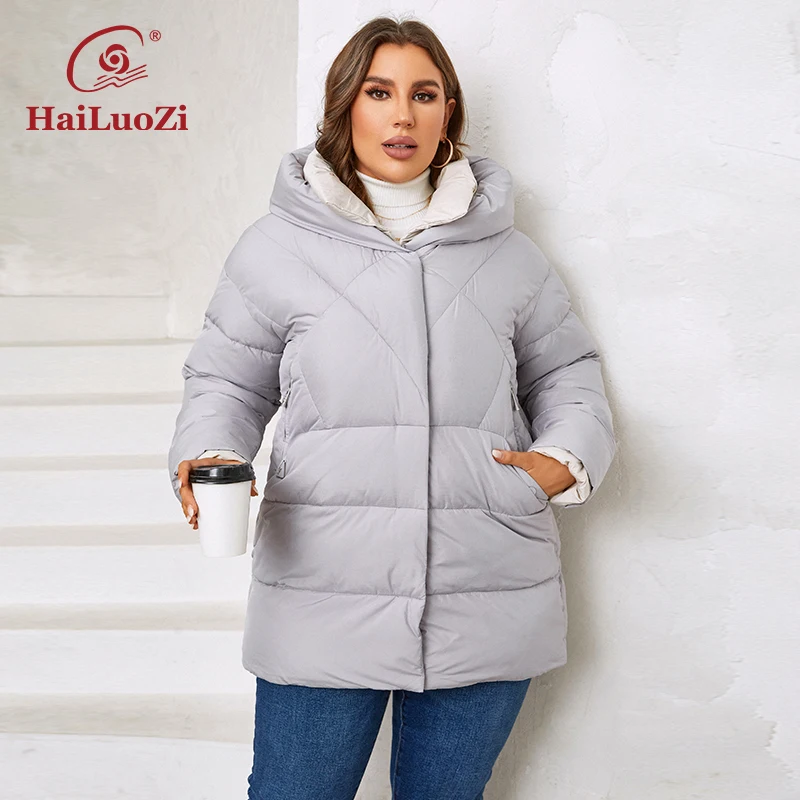 HaiLuoZi 2023 New Women\'s Winter Jackets Plus Size Short Warm Hooded Female Outwear Zip Up Quilted Stylish Coat Women 1170