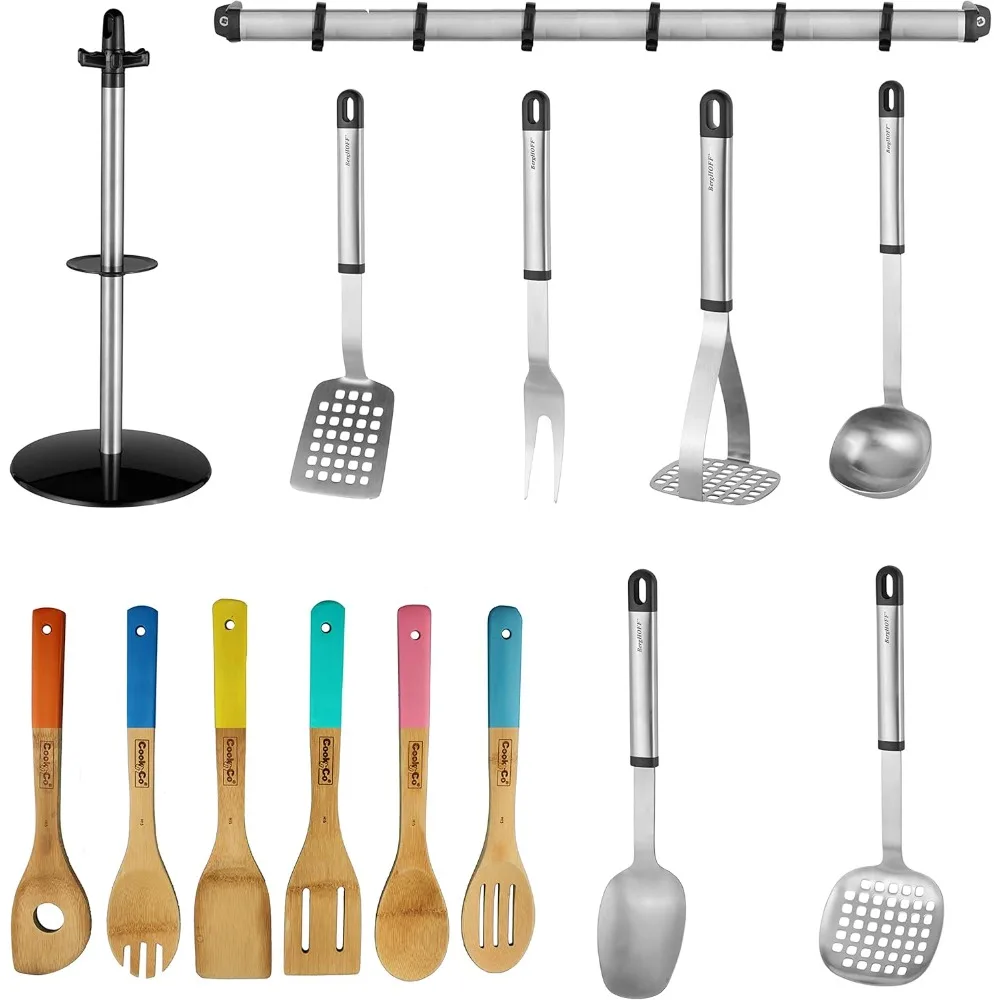 BergHOFF Essentials 14Pc Cooking Utensil Set, Stainless Steel, Bamboo, Hanging Rack