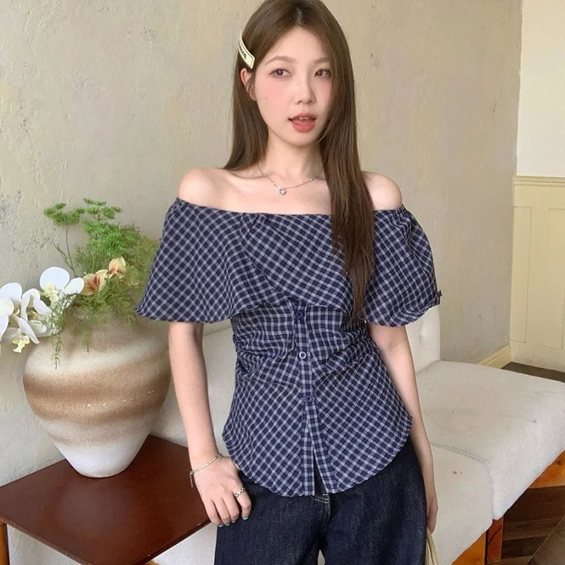 Women One Shoulder T-shirts Lady French Chic Fashion Plaid Blouse Figure Flattering Slim Top Female Vintage Sweet Top
