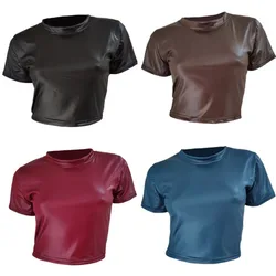 Woman Sexy PU Leather Short-sleeved Shirt Erotic Shaping Sheath Latex Tops Casual T-shirts Women Patent Leather Sexi