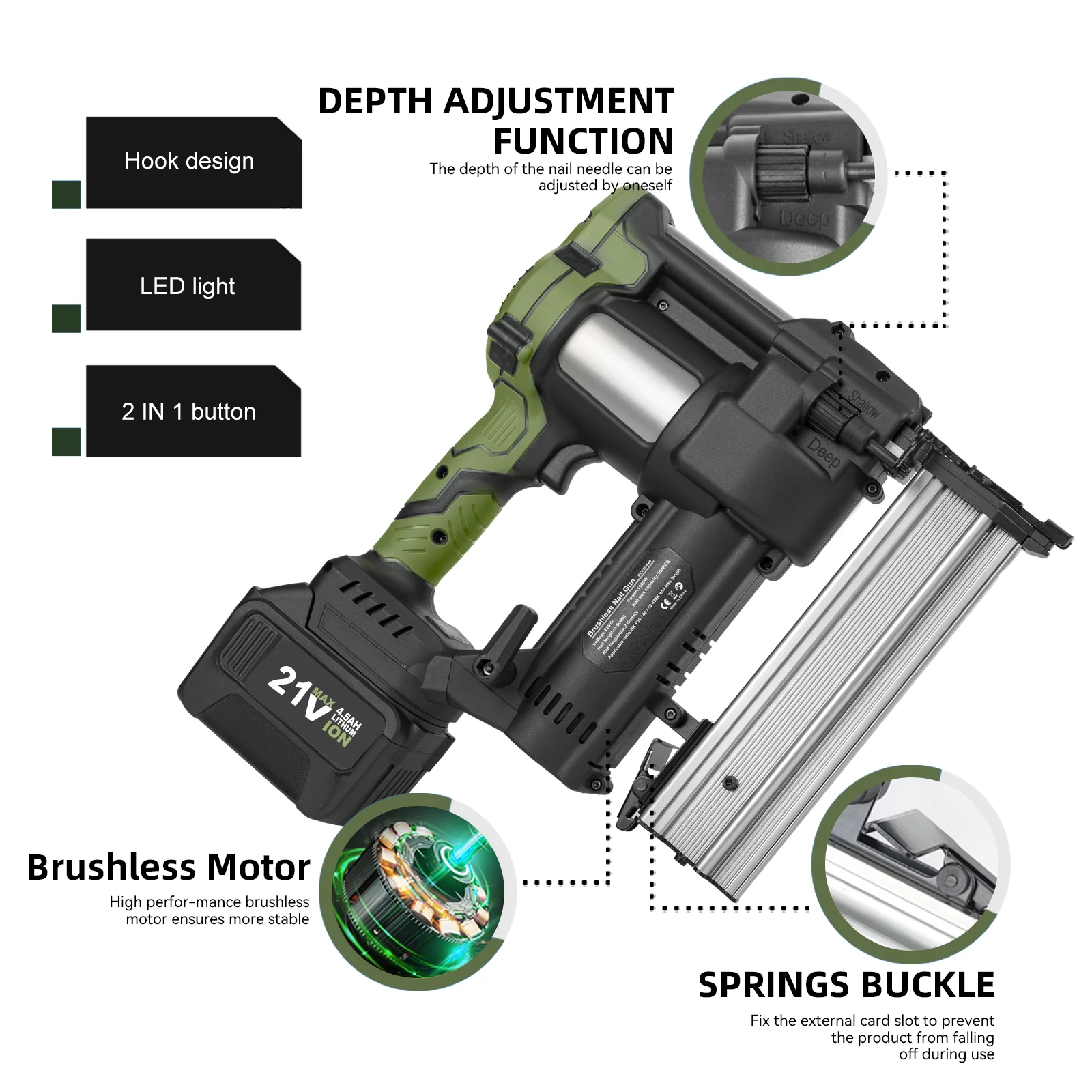 21V Electric Nail Gun, Brushless Nailer, 2-in-1 Function Mode, 4500mah Battery With 6 Rows Of 18 Gauge Rivets